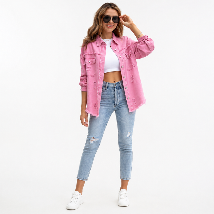 Women's ripped shirt jacket with a loose silhouette, distressed detailing, medium length and conventional sleeves for autumn.