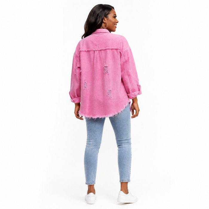 Loose casual shirt jacket for women with ripped details, medium length, polyester fabric, and a relaxed shape for daily wear.