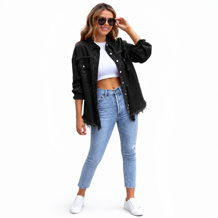 Women's ripped shirt jacket showing a relaxed fit, conventional sleeves, polyester fabric, and medium-length, casual styling.