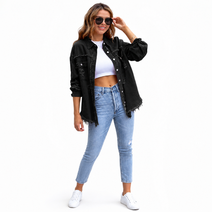 Women's ripped shirt jacket showing a relaxed fit, conventional sleeves, polyester fabric, and medium-length, casual styling.