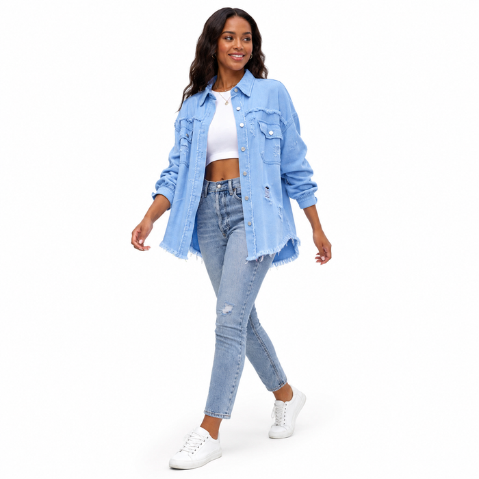 Casual women's shirt jacket with distressed details, a loose silhouette, medium length, and versatile styling for urban days.