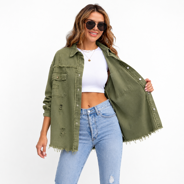 Loose-fit women's jacket with ripped detailing, conventional sleeves, and a medium-length shape for relaxed everyday outfits.