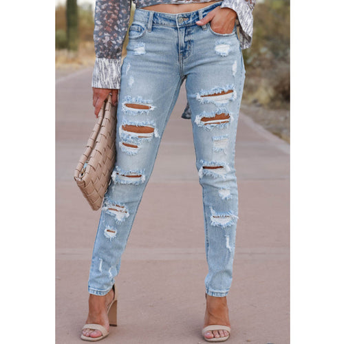 Women's skinny pants – cotton ripped mid waist light wash street style