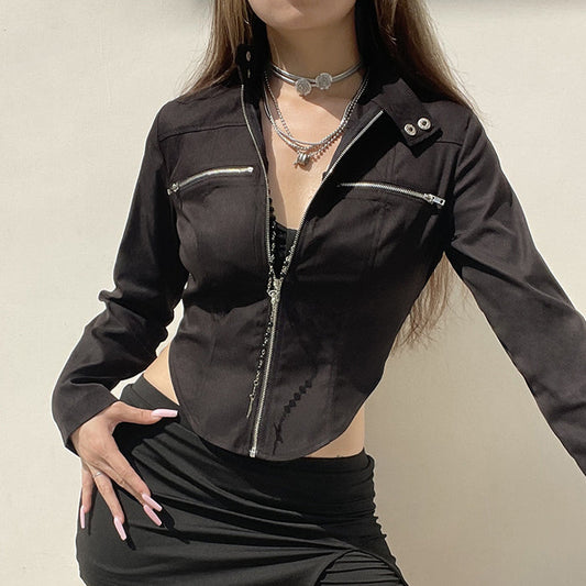 Women's Slim Fit Black Zipper Jacket – Street Style