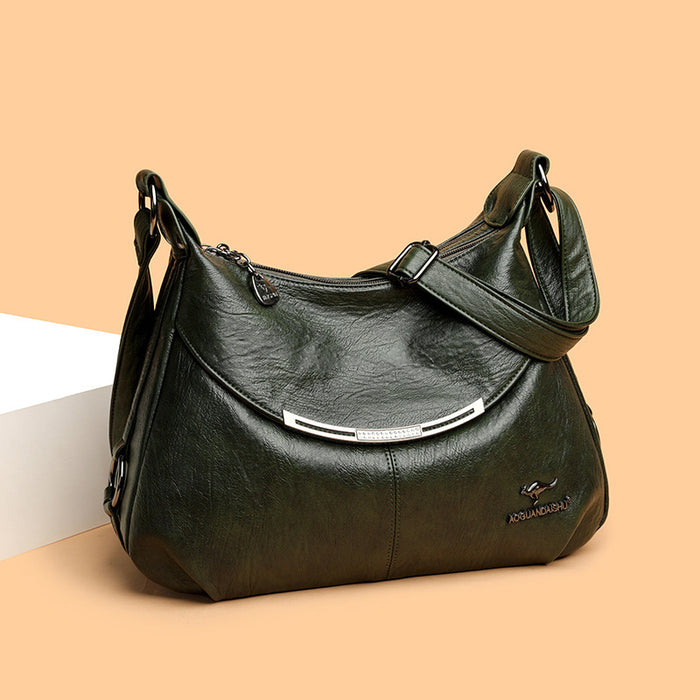 Green Large Capacity Soft Leather Shoulder Bag – Stylish Women's Handbag with Single Adjustable Strap