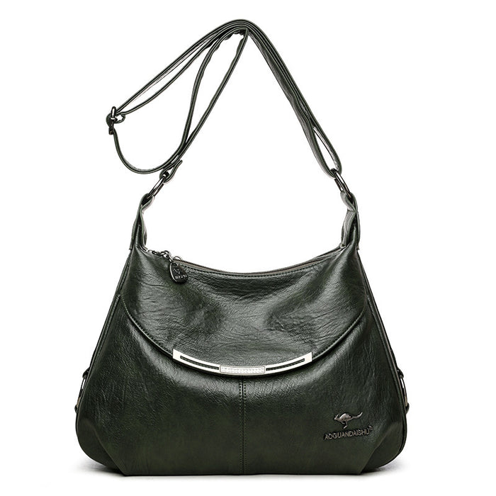 Interior View of Women's Large Capacity Soft Leather Bag – Zippered Sandwich Pocket for Organized Storage