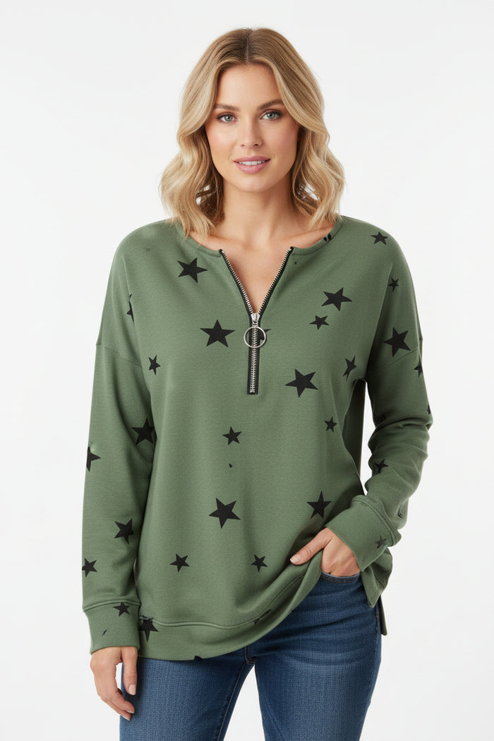 women’s star print sweatshirt light blue relaxed pullover urban casual look