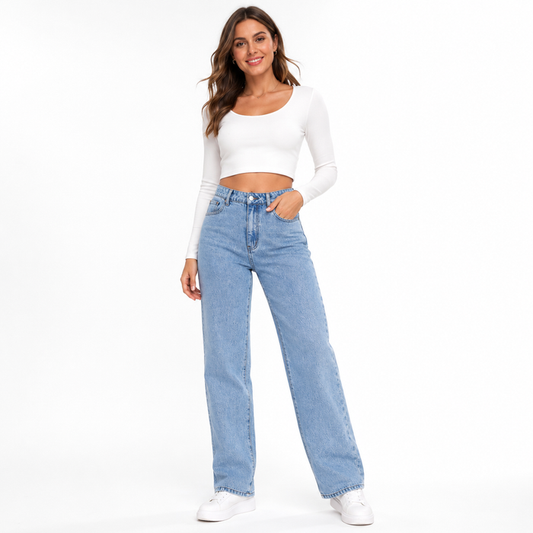Women's Straight Leg Jeans - Mid Waist Stretch Denim