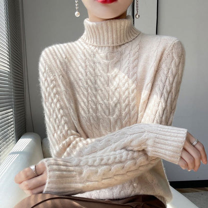 Soft chenille women’s turtleneck cable-knit sweater in khaki