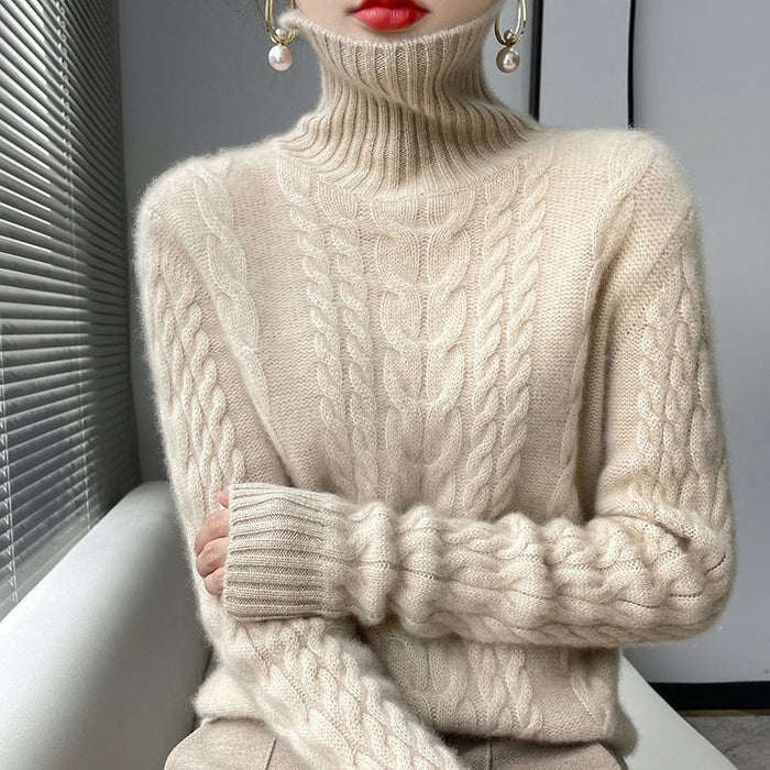 Close-up cable texture – women’s turtleneck cable-knit sweater