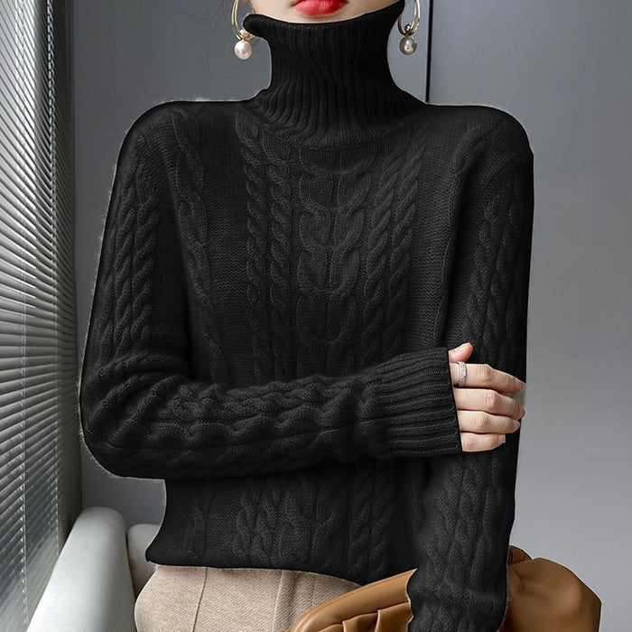Side profile – slim fit women’s turtleneck cable-knit sweater