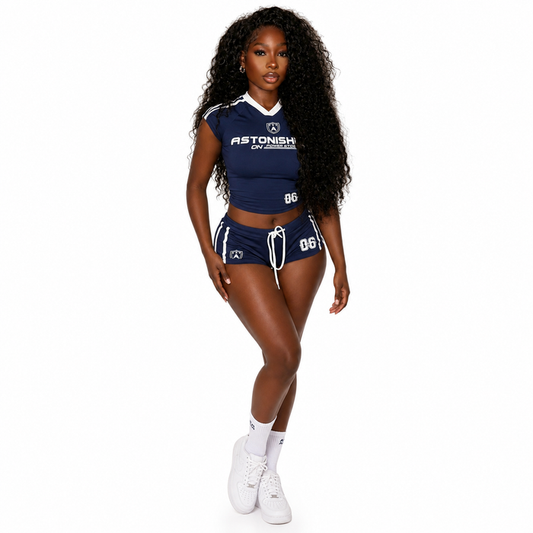 Women's two piece shorts set with letter-print top and matching cropped shorts shown as a coordinated casual outfit for women