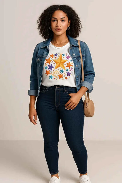 Women’s Vibrant Star Tee-100% Cotton Star Print T-Shirt