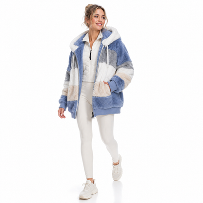 Women’s zip up hoodies plus size with fuzzy texture, lined body, pockets and drawstring hood for cozy casual layering.