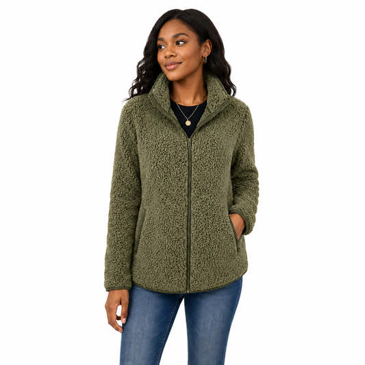 Women's zip up sweatshirt in double-sided bubble velvet with stand collar, relaxed fit and mid-length coverage for winter use